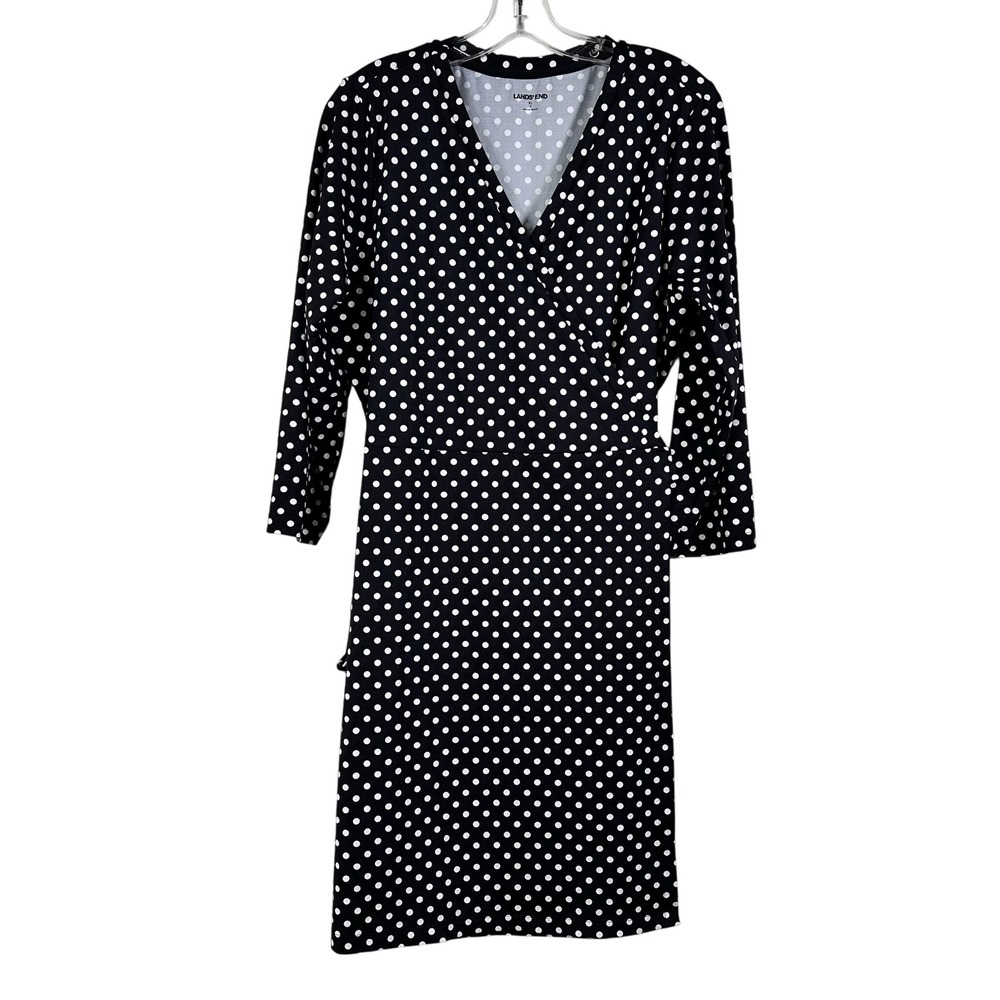 Lands End Black White Polka Dot Wrap Dress XL 18‎ 3/4 Sleeve V-Neck Stretch 1007